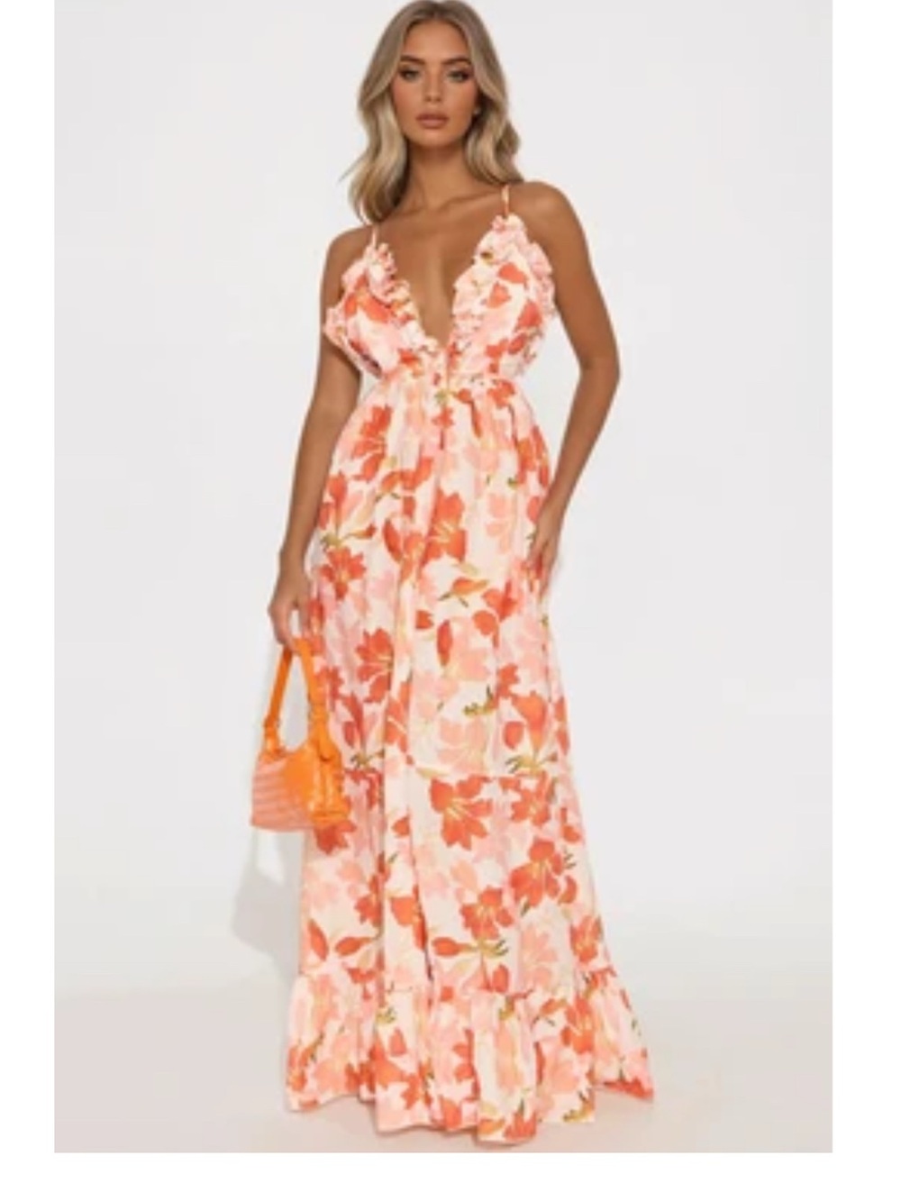Ruffle V-Neck Floral Maxi Dress in Peach Pink